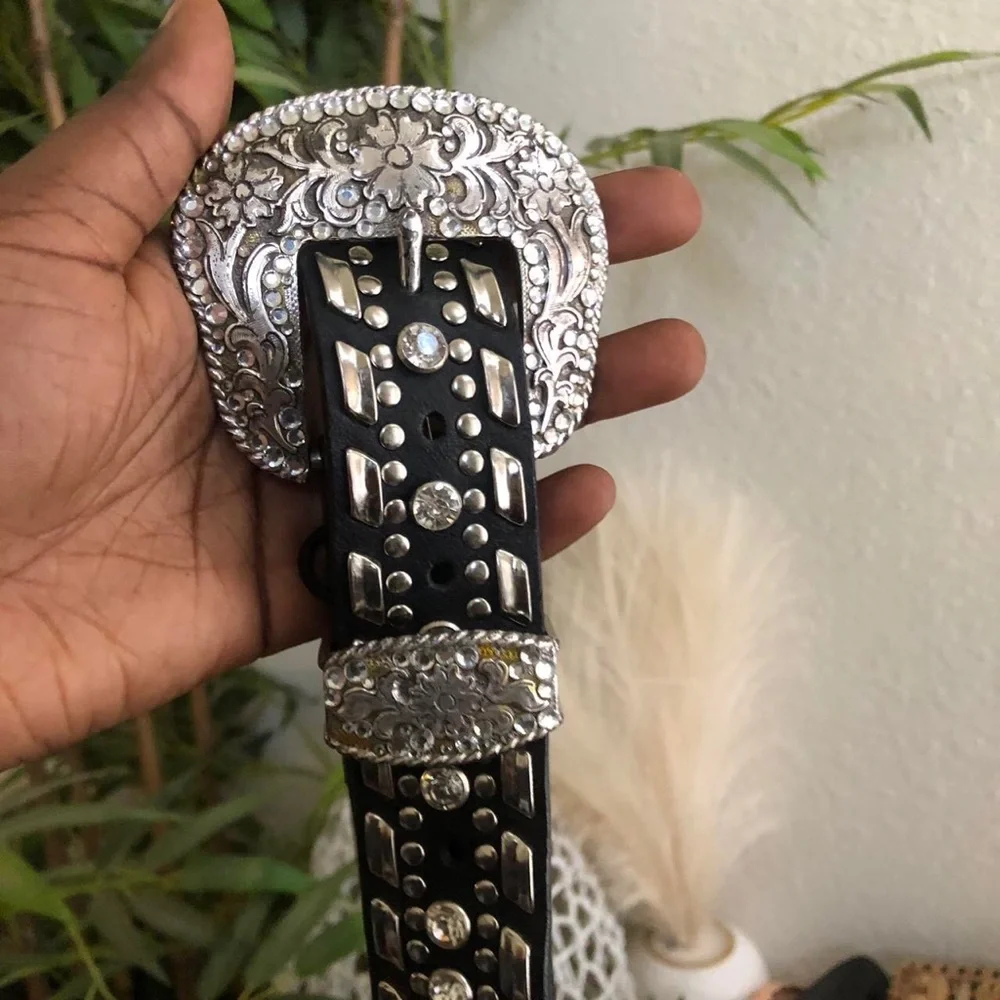 Y2K Grunge Goth Black Silver Genuine Leather Chunky Studded Belt Large Buckle
